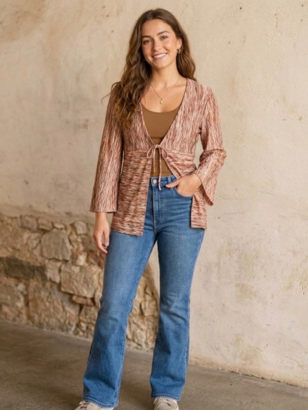 Chico’s swirl pattern cardigan with tie front in shades of autumn